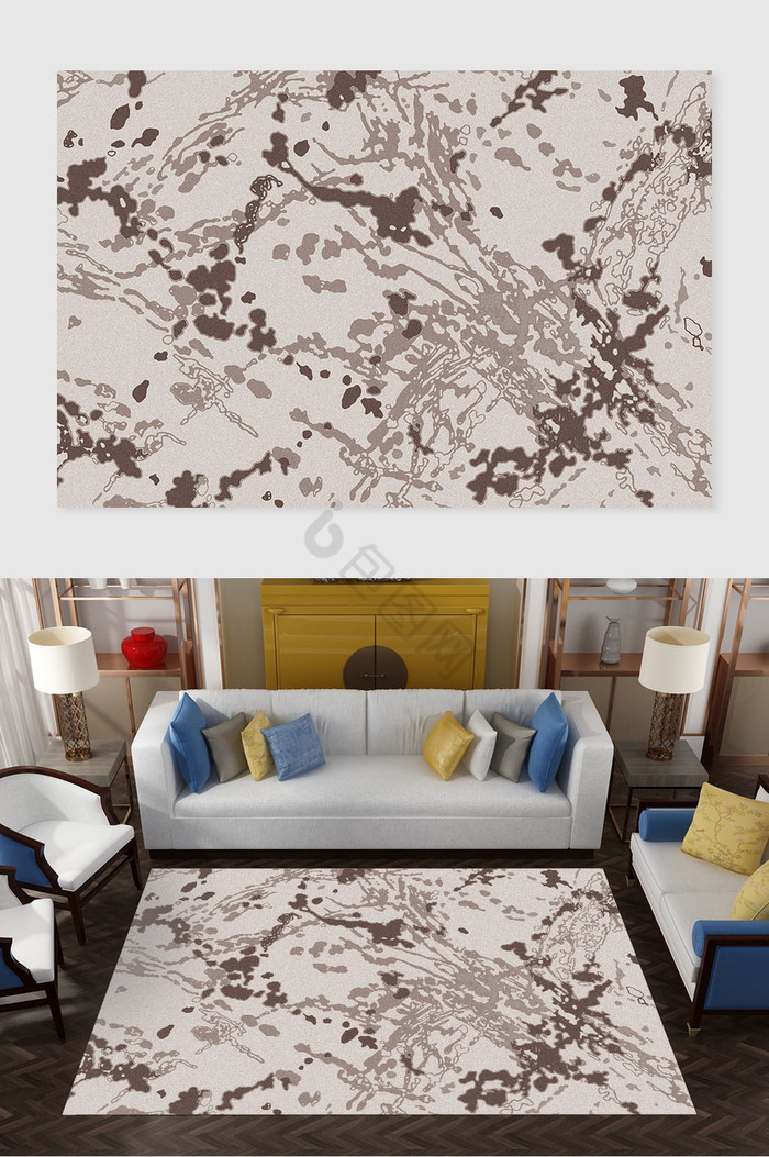 新中式创意泼墨沙发茶几地毯图案图片