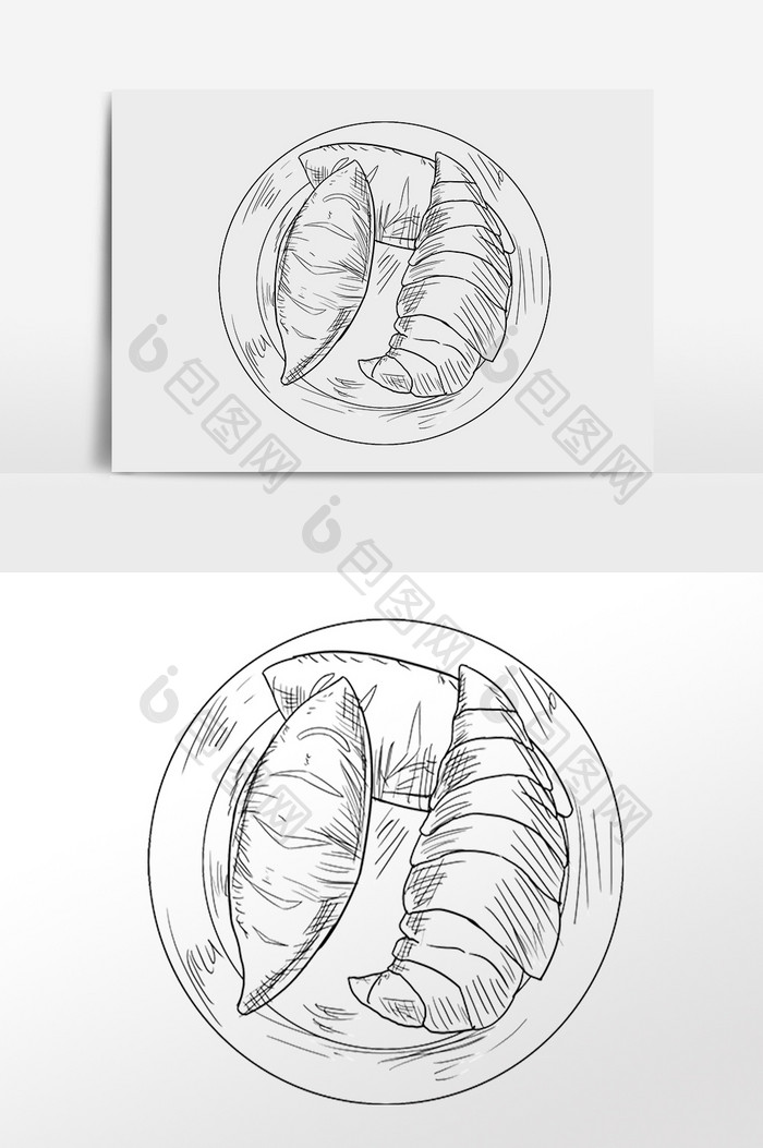 手绘线描美食小吃甜点牛角包插画