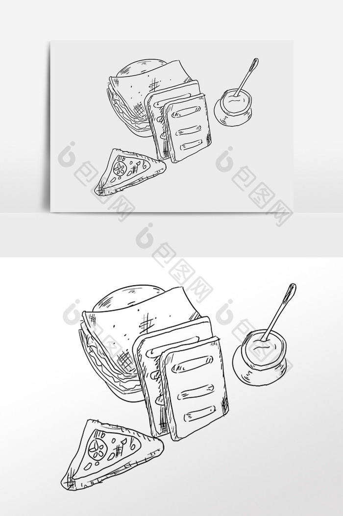 手绘线描美食小吃甜点早餐插画