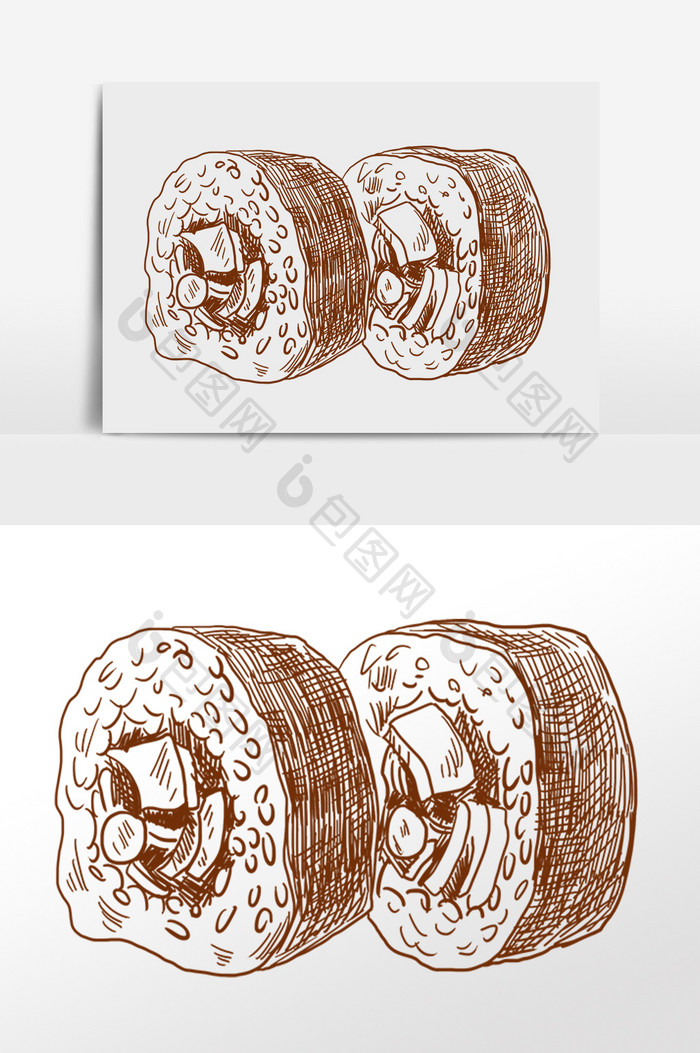 手绘线描美食小吃寿司卷插画