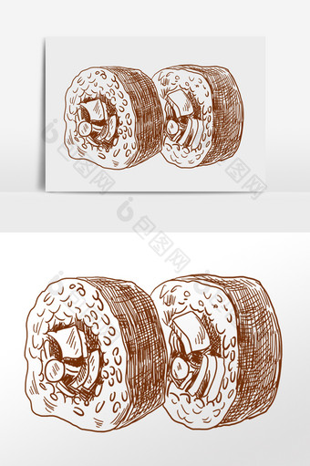 手绘线描美食小吃寿司卷插画图片