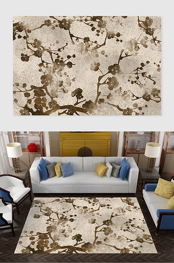 新中式大气淡彩花枝书房地毯图案图片