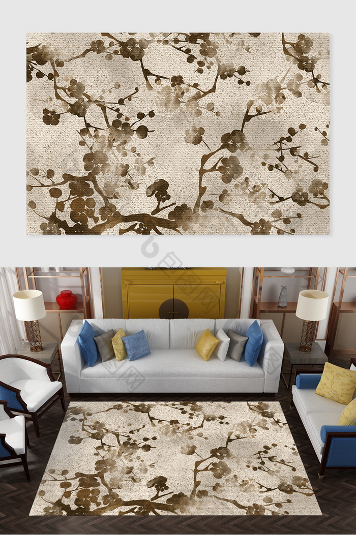 新中式大气淡彩花枝书房地毯图案图片图片