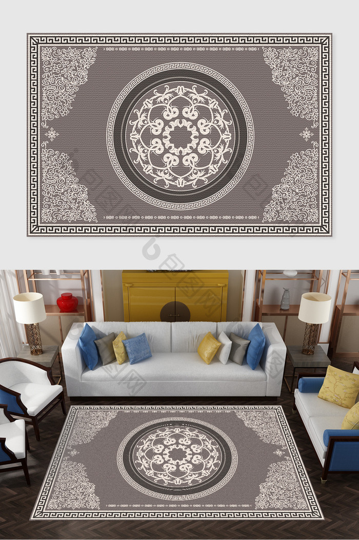 新中式复古民族花纹书房卧室地毯图案