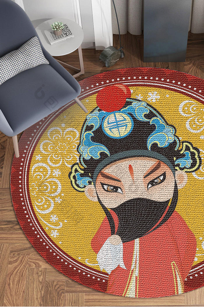 卡通中国风可爱戏曲人物客厅圆形地毯图案