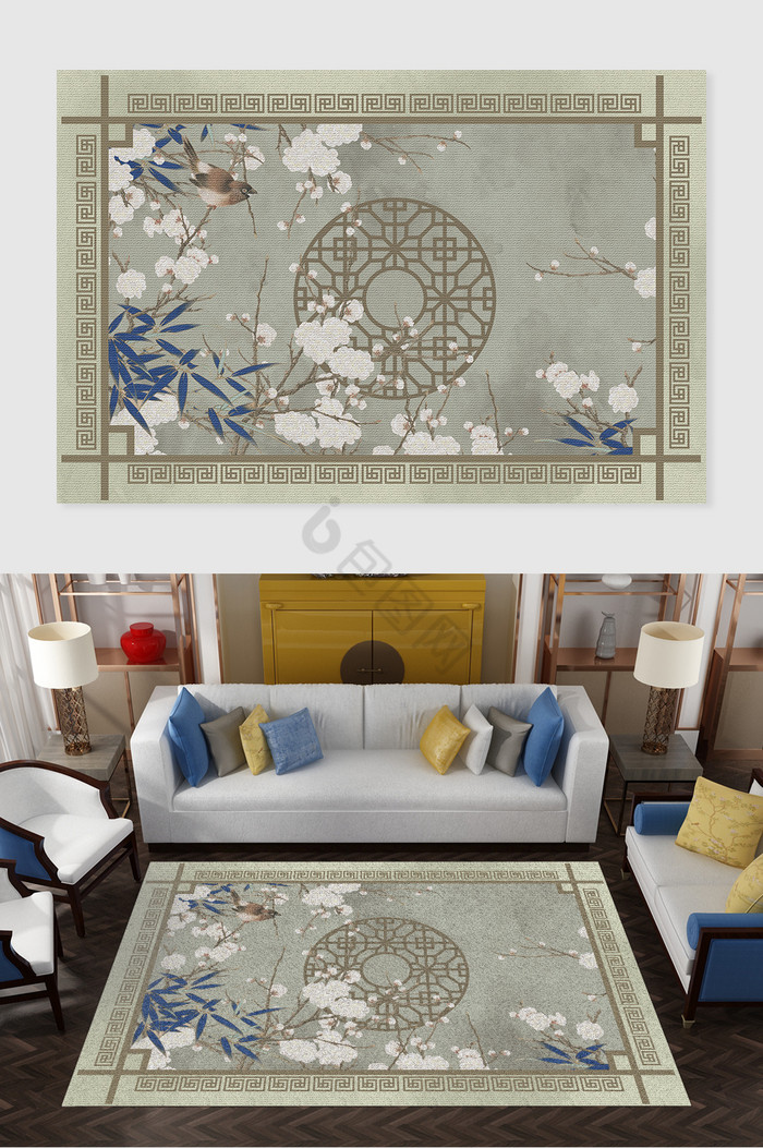 新中式复古花鸟风景书房客厅地毯图案图片