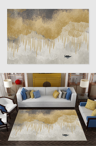 新中式抽象水墨淡彩划船风景客厅地毯图案图片