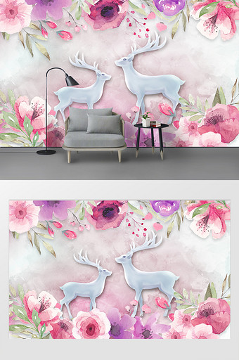 清新唯美粉色手绘花朵立体麋鹿背景墙图片