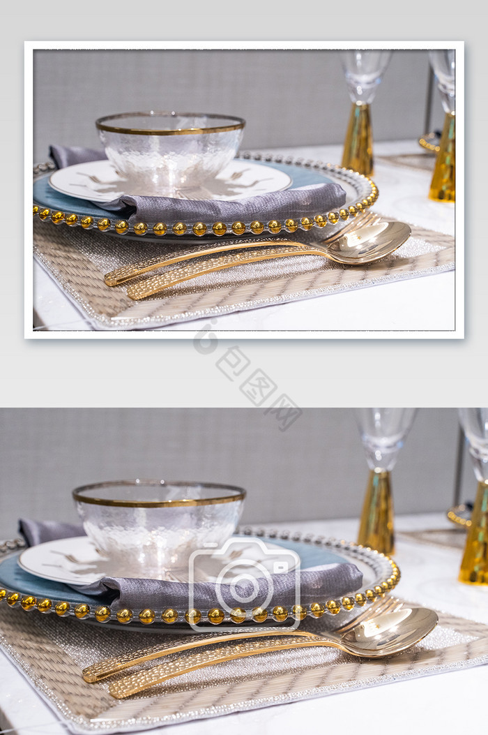 现代时尚样板房金色玻璃餐具餐盘图片