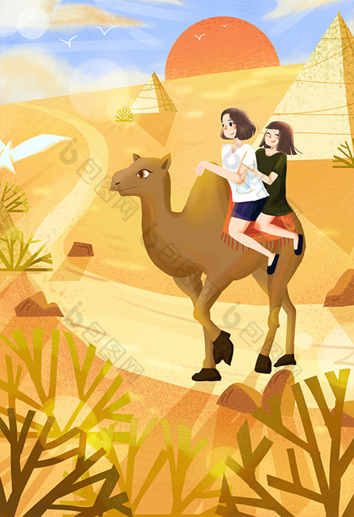 卡通扁平旅游度假闺蜜行沙漠骆驼插画