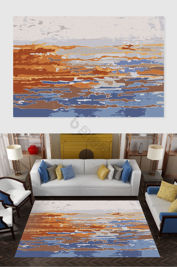 新中式创意彩色抽象山水沙发茶几地毯图案图片