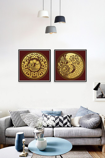 中国红金色轻奢新中式风格锦鲤金鱼装饰画图片