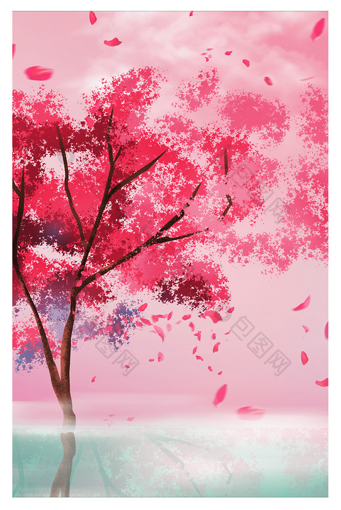 超现实风格水中红色樱花树飞舞花瓣装饰画