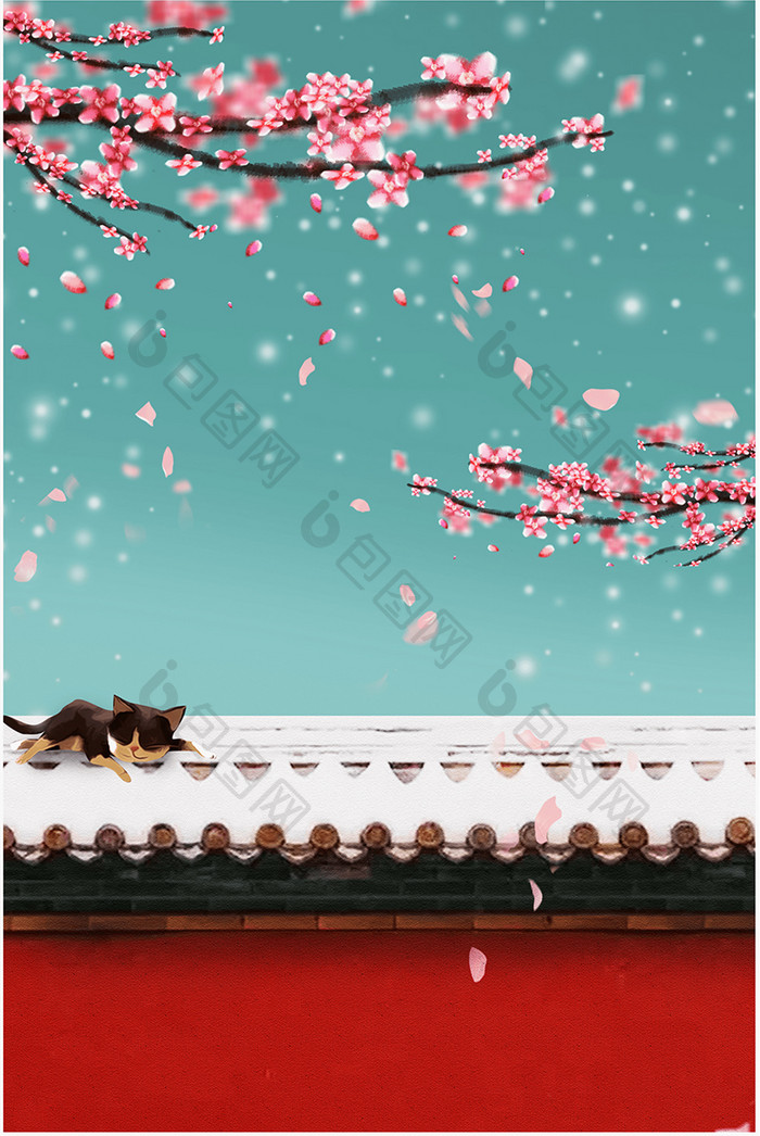 红色围墙可爱猫咪盛开花朵图案装饰画