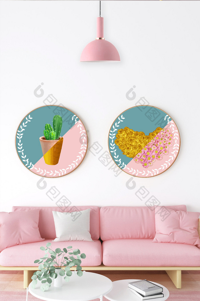 莫兰迪粉色系北欧风格心形花朵盆栽装饰画