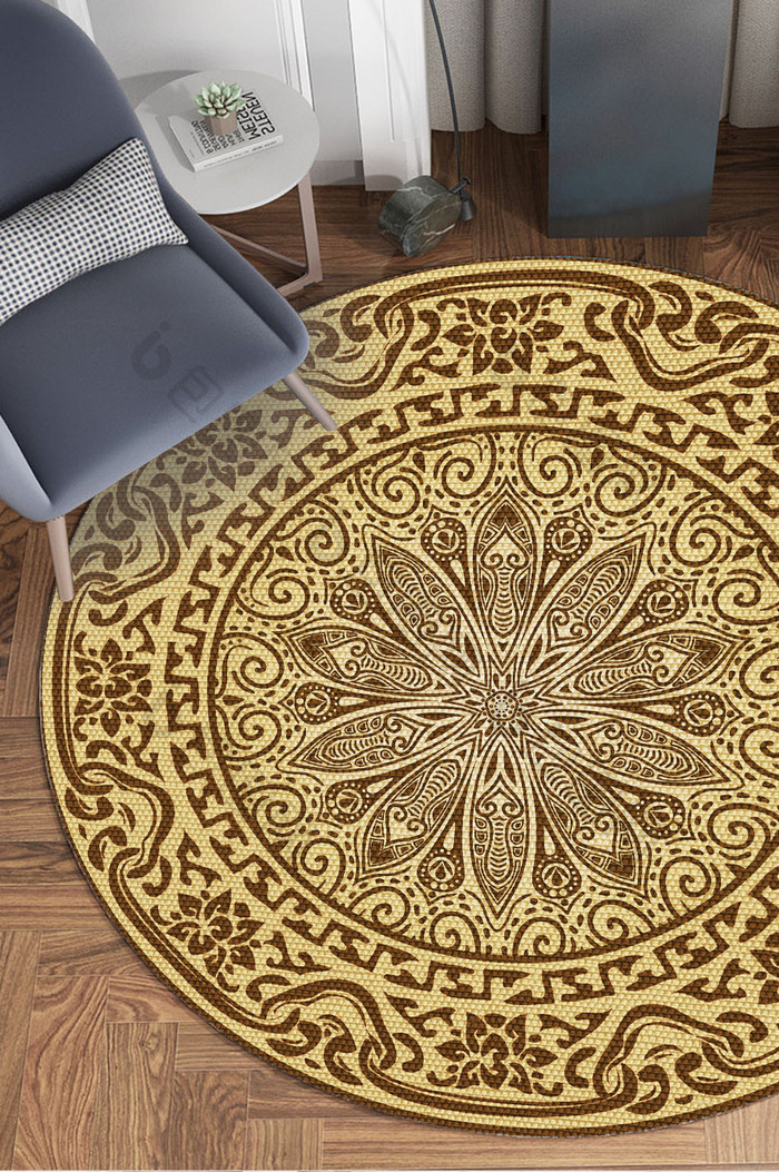 欧式古典花纹金色轻奢纹理圆形地毯图案