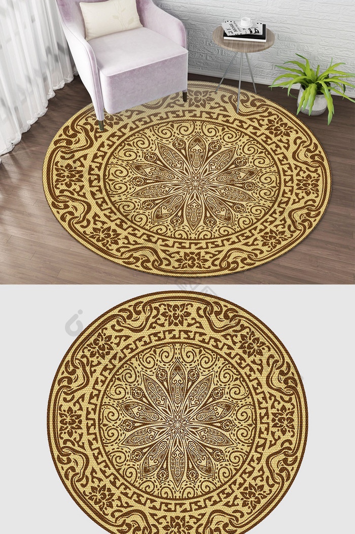 欧式古典花纹金色轻奢纹理圆形地毯图案
