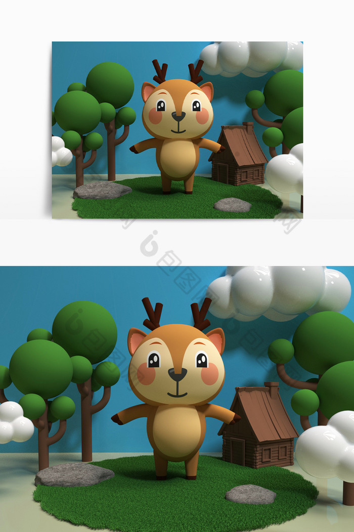 C4D卡通森林小动物小鹿IPOC渲染图片图片