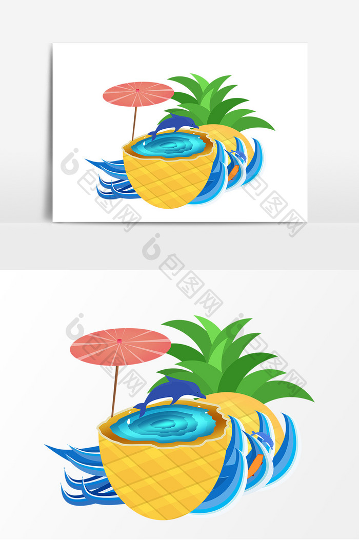 手绘卡通菠萝夏季游泳插画元素