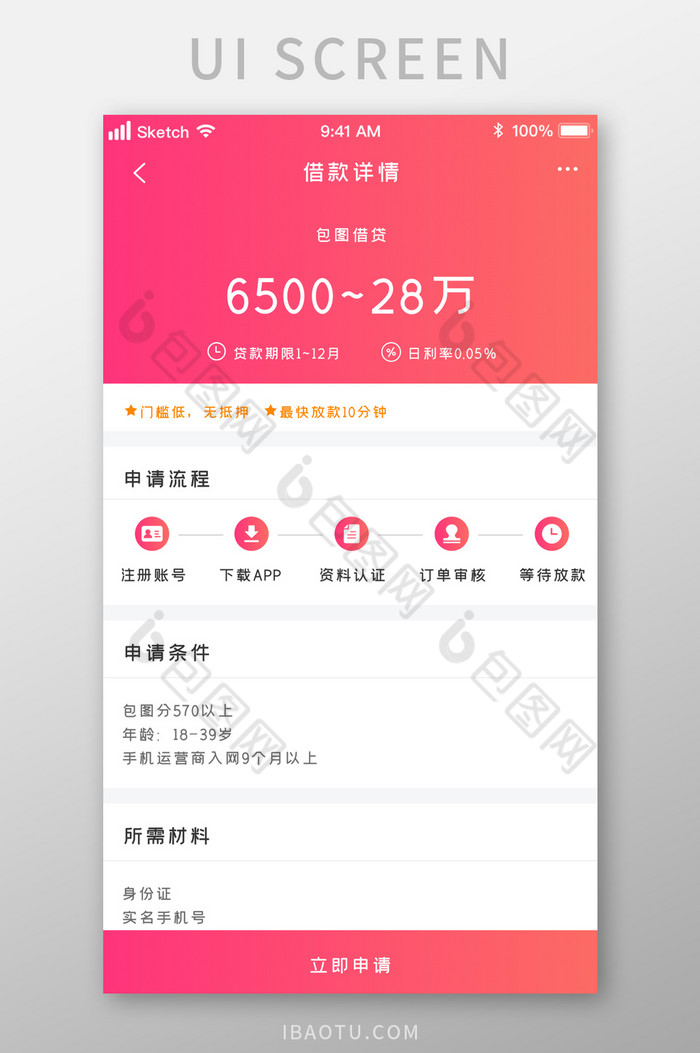 时尚粉色渐变信贷借贷详情流程UI移动界面图片图片