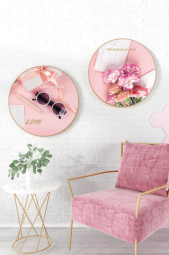 北欧风少女系粉色花卉太阳镜客厅圆形装饰画图片