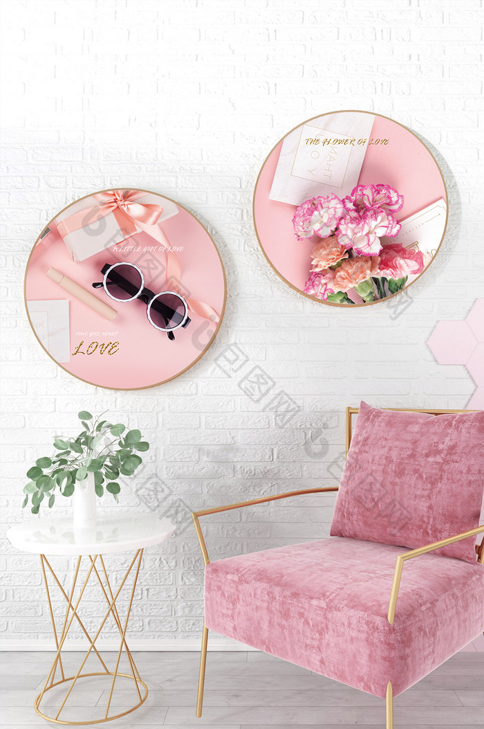 北欧风少女系粉色花卉太阳镜客厅圆形装饰画