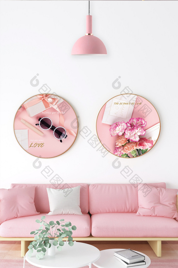 北欧风少女系粉色花卉太阳镜客厅圆形装饰画