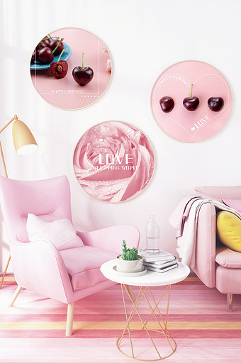 简约北欧风粉色系樱桃玫瑰客厅圆形装饰画图片