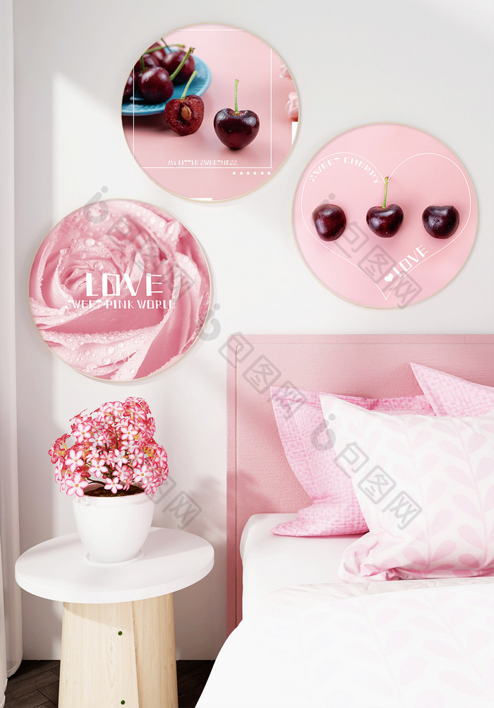 简约北欧风粉色系樱桃玫瑰客厅圆形装饰画