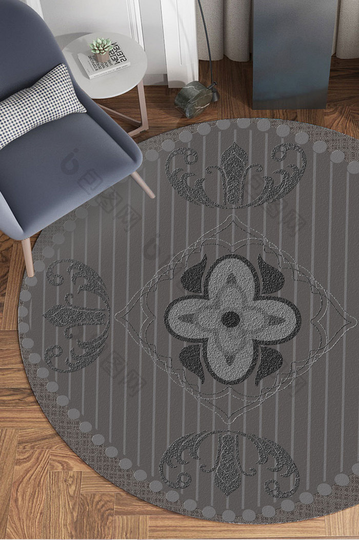 简约中式复古民族风花纹样式圆形地毯图案