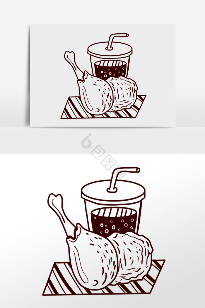 线描食物小吃炸鸡可乐插画图片