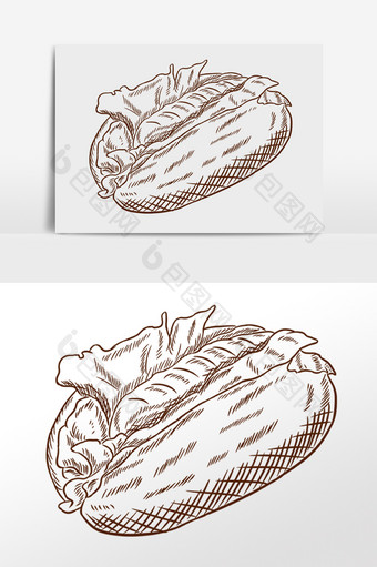 手绘线描素描小吃热狗面包插画图片
