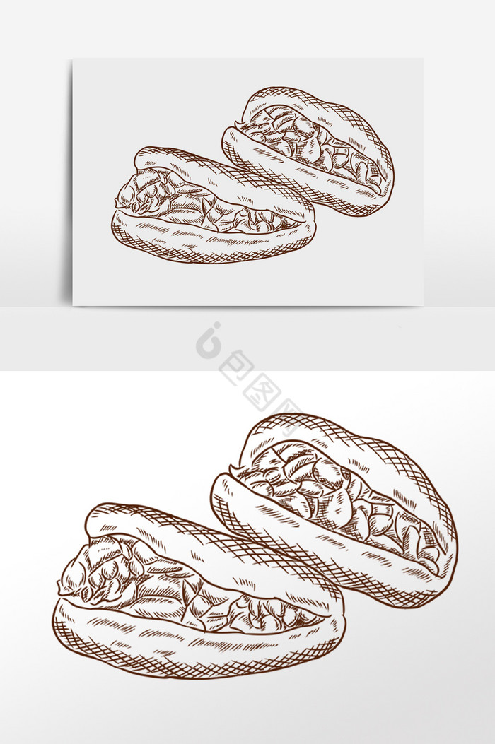 线描素描小吃夹肉饼插画图片