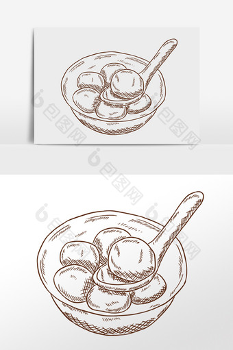 手绘线描素描小吃汤圆甜点插画图片