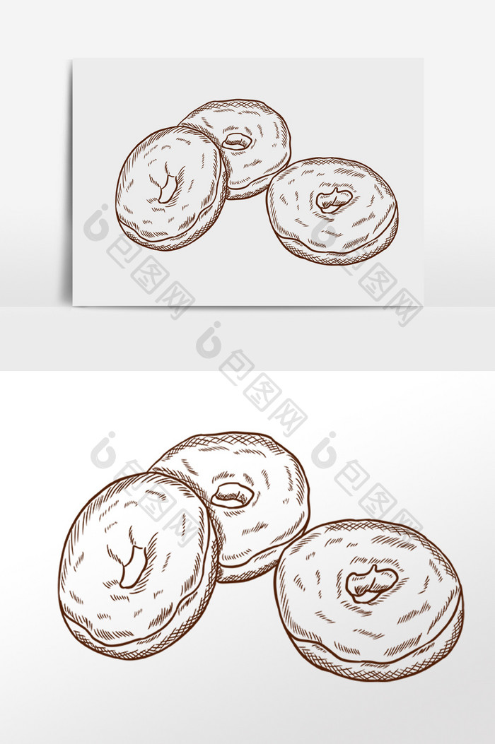 手绘线描素描小吃甜甜圈甜点插画