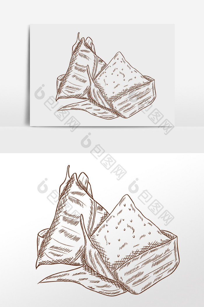 手绘线描素描小吃粽子食物插画
