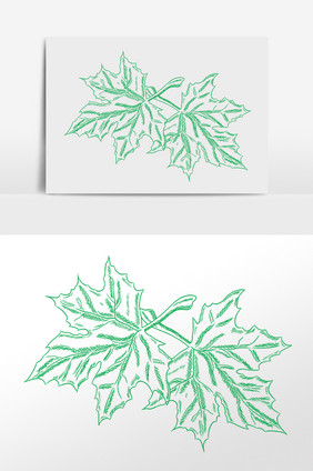 手绘绿色线描植物枫叶插画