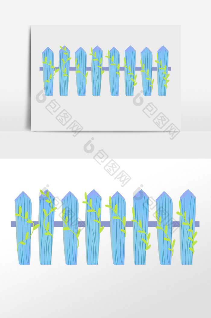 手绘花园蓝色木质围栏栅栏插画