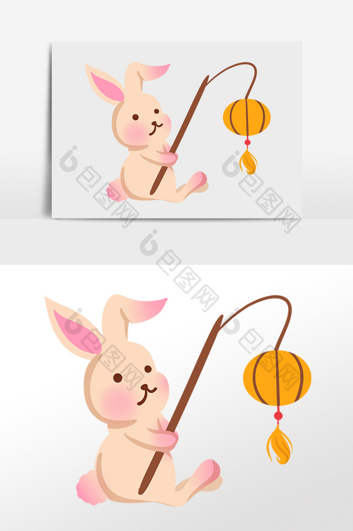 手绘中秋节快乐兔子打灯笼插画