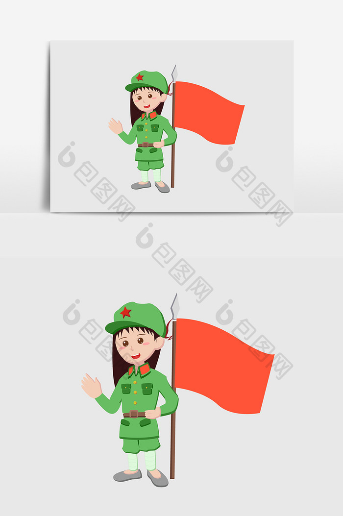绿色军装女兵红旗设计元素