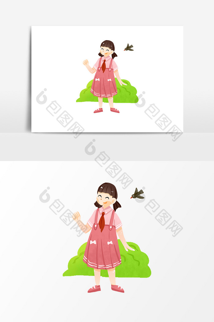 粉色服饰女孩植物小鸟设计元素