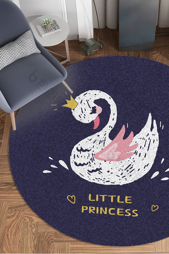 北欧现代手绘卡通白鹅皇冠儿童房地毯图案