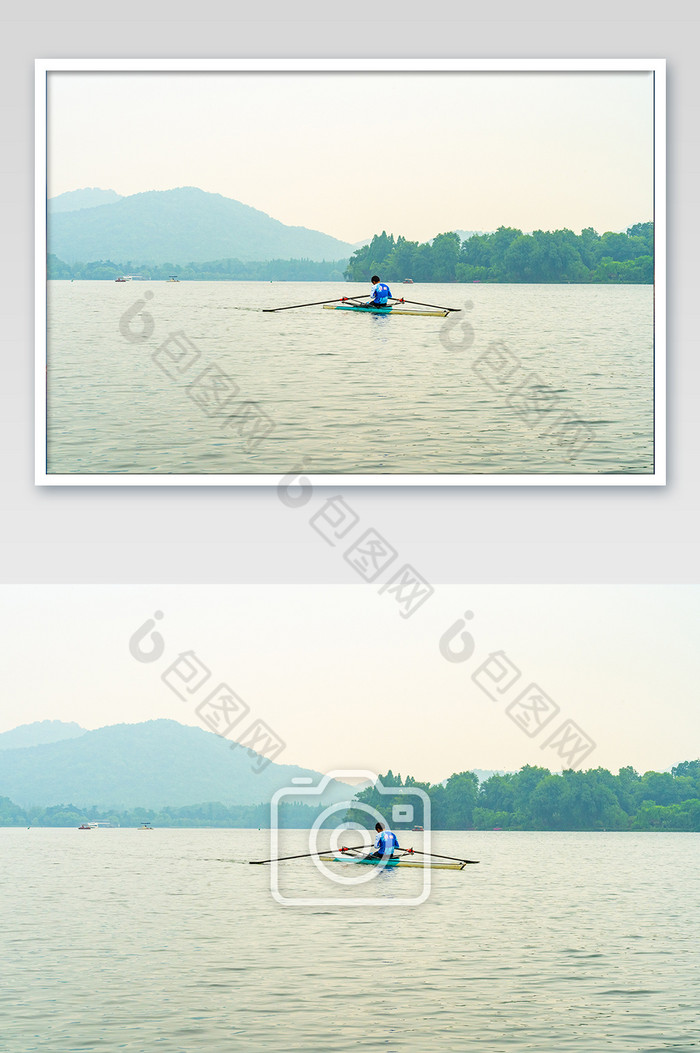 运动员皮划艇训练运动西湖风景摄影图图片图片