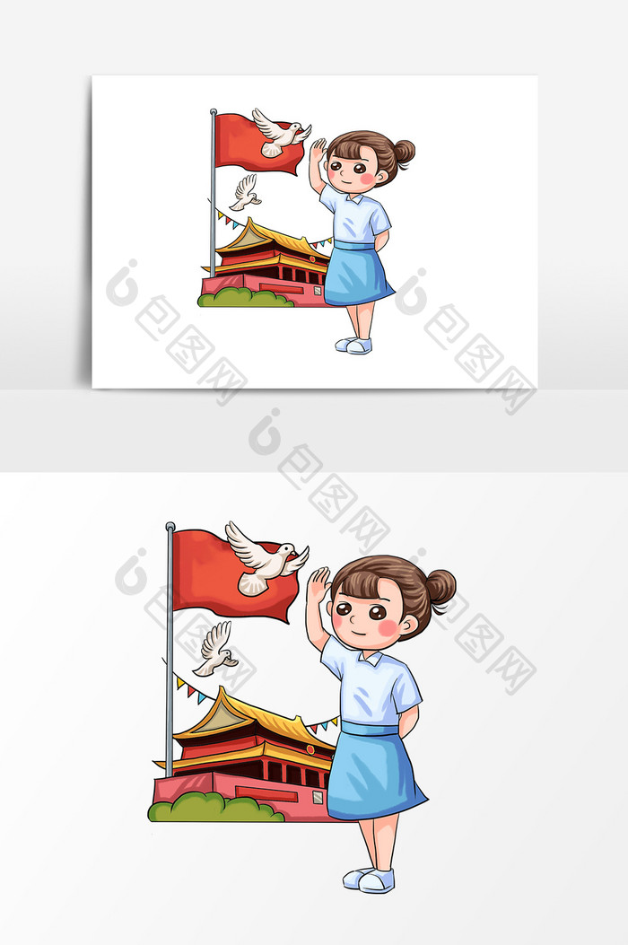 卡通女孩天安门红旗和平鸽设计元素