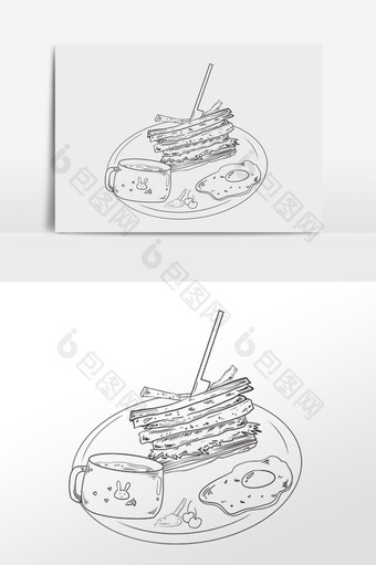 手绘黑色线描小吃早餐插画图片