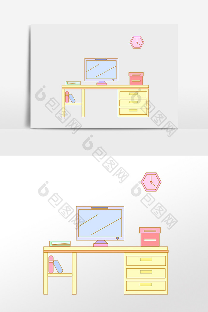 手绘办公室办公桌办公电脑插画