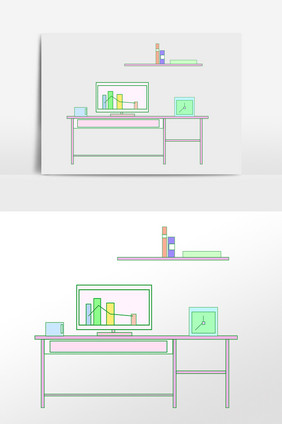 手绘办公室办公桌办公桌面插画