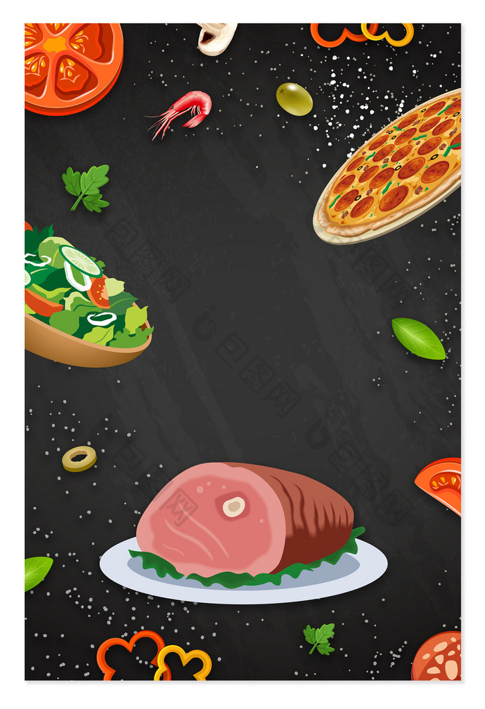 手绘插画西餐美食牛排披萨活动背景