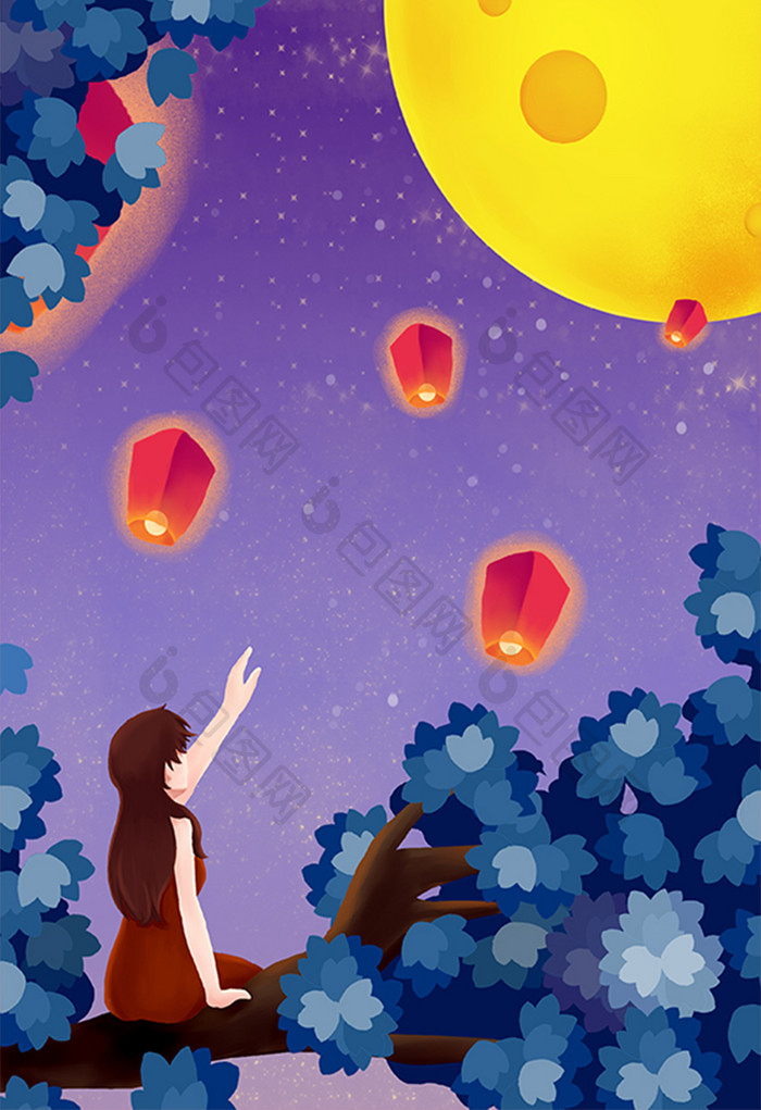 中秋节少女放孔明灯月亮风景夜景插画