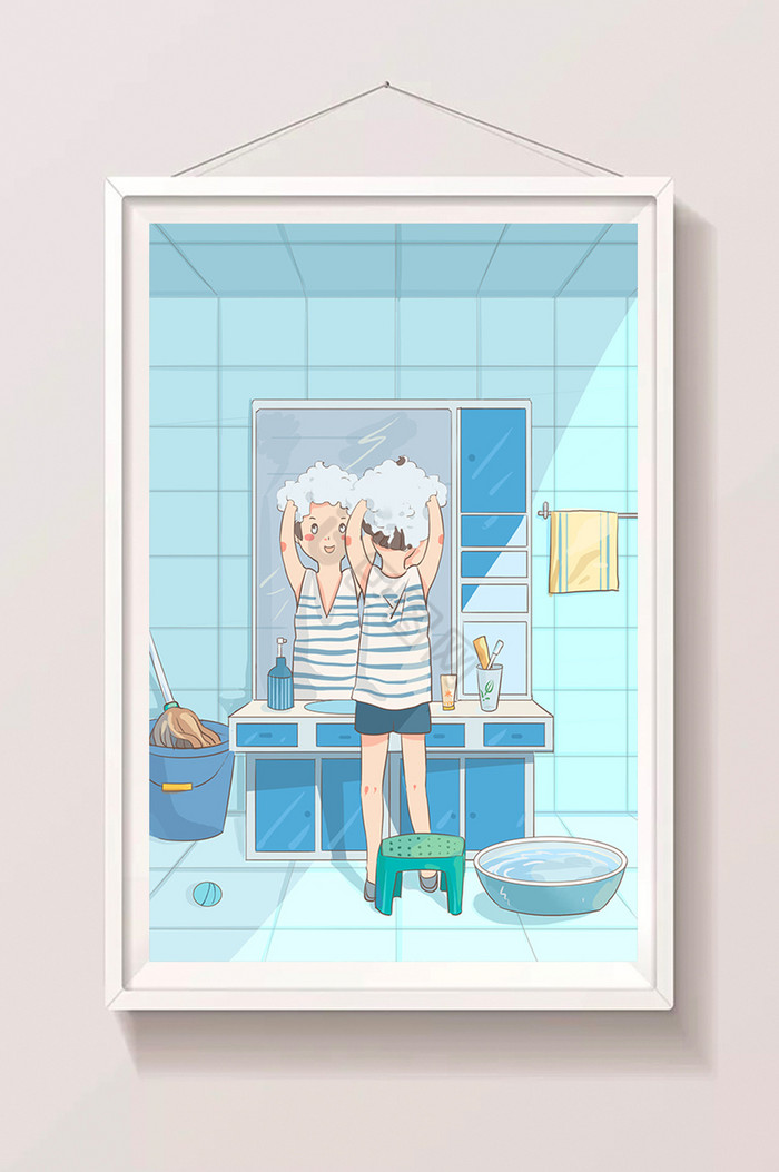 在浴室里面照镜子洗头插画图片